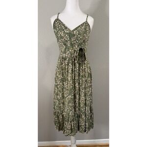 Cottagecore Boho Ditsy Floral Smocked Midi Dress Sage Green Ruffle Sundres S